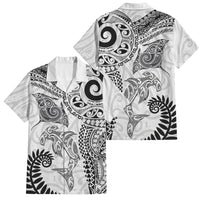 Aotearoa Maori Sea Animals Tribal Family Matching Off The Shoulder Long Sleeve Dress and Hawaiian Shirt Manta Ray and Shark Moko Pattern White Color LT03 Dad's Shirt - Short Sleeve White - Polynesian Pride