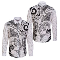 Aotearoa Maori Sea Animals Tribal Family Matching Off The Shoulder Long Sleeve Dress and Hawaiian Shirt Manta Ray and Shark Moko Pattern White Color LT03 Dad's Shirt - Long Sleeve White - Polynesian Pride
