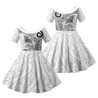 Aotearoa Maori Sea Animals Tribal Family Matching Off The Shoulder Long Sleeve Dress and Hawaiian Shirt Manta Ray and Shark Moko Pattern White Color LT03 Daughter's Dress White - Polynesian Pride