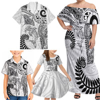 Aotearoa Maori Sea Animals Tribal Family Matching Off Shoulder Maxi Dress and Hawaiian Shirt Manta Ray and Shark Moko Pattern White Color LT03 - Polynesian Pride