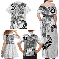 Aotearoa Maori Sea Animals Tribal Family Matching Off Shoulder Maxi Dress and Hawaiian Shirt Manta Ray and Shark Moko Pattern White Color LT03 Mom's Dress White - Polynesian Pride