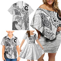Aotearoa Maori Sea Animals Tribal Family Matching Off Shoulder Short Dress and Hawaiian Shirt Manta Ray and Shark Moko Pattern White Color LT03 - Polynesian Pride