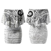Aotearoa Maori Sea Animals Tribal Family Matching Off Shoulder Short Dress and Hawaiian Shirt Manta Ray and Shark Moko Pattern White Color LT03 Mom's Dress White - Polynesian Pride