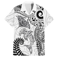 Aotearoa Maori Sea Animals Tribal Family Matching Off Shoulder Short Dress and Hawaiian Shirt Manta Ray and Shark Moko Pattern White Color LT03 Dad's Shirt - Short Sleeve White - Polynesian Pride