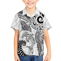 Aotearoa Maori Sea Animals Tribal Family Matching Short Sleeve Bodycon Dress and Hawaiian Shirt Manta Ray and Shark Moko Pattern White Color LT03 Son's Shirt White - Polynesian Pride