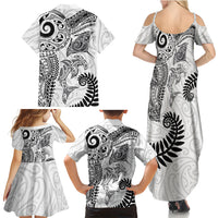 Aotearoa Maori Sea Animals Tribal Family Matching Summer Maxi Dress and Hawaiian Shirt Manta Ray and Shark Moko Pattern White Color LT03 Mom's Dress White - Polynesian Pride