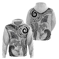 Aotearoa Maori Sea Animals Tribal Hoodie Manta Ray and Shark Moko Pattern White Color
