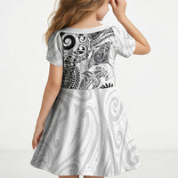 Aotearoa Maori Sea Animals Tribal Kid Short Sleeve Dress Manta Ray and Shark Moko Pattern White Color LT03 - Polynesian Pride