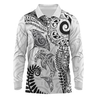 Aotearoa Maori Sea Animals Tribal Long Sleeve Polo Shirt Manta Ray and Shark Moko Pattern White Color