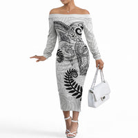 Aotearoa Maori Sea Animals Tribal Off The Shoulder Long Sleeve Dress Manta Ray and Shark Moko Pattern White Color LT03 Women White - Polynesian Pride