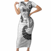 Aotearoa Maori Sea Animals Tribal Short Sleeve Bodycon Dress Manta Ray and Shark Moko Pattern White Color LT03 Long Dress White - Polynesian Pride