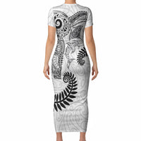 Aotearoa Maori Sea Animals Tribal Short Sleeve Bodycon Dress Manta Ray and Shark Moko Pattern White Color LT03 - Polynesian Pride