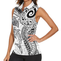 Aotearoa Maori Sea Animals Tribal Women Sleeveless Polo Shirt Manta Ray and Shark Moko Pattern White Color LT03 - Polynesian Pride