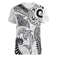 Aotearoa Maori Sea Animals Tribal Women V-Neck T-Shirt Manta Ray and Shark Moko Pattern White Color LT03 Female White - Polynesian Pride