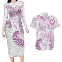 Aotearoa Maori Sea Animals Tribal Couples Matching Long Sleeve Bodycon Dress and Hawaiian Shirt Manta Ray and Shark Moko Pattern Pink Color LT03 Pink - Polynesian Pride