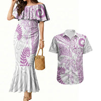 Aotearoa Maori Sea Animals Tribal Couples Matching Mermaid Dress and Hawaiian Shirt Manta Ray and Shark Moko Pattern Pink Color LT03 Pink - Polynesian Pride