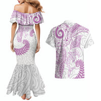 Aotearoa Maori Sea Animals Tribal Couples Matching Mermaid Dress and Hawaiian Shirt Manta Ray and Shark Moko Pattern Pink Color LT03 - Polynesian Pride