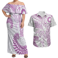 Aotearoa Maori Sea Animals Tribal Couples Matching Off Shoulder Maxi Dress and Hawaiian Shirt Manta Ray and Shark Moko Pattern Pink Color LT03 Pink - Polynesian Pride