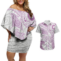 Aotearoa Maori Sea Animals Tribal Couples Matching Off Shoulder Short Dress and Hawaiian Shirt Manta Ray and Shark Moko Pattern Pink Color LT03 Pink - Polynesian Pride
