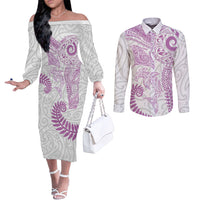 Aotearoa Maori Sea Animals Tribal Couples Matching Off The Shoulder Long Sleeve Dress and Long Sleeve Button Shirt Manta Ray and Shark Moko Pattern Pink Color LT03 Pink - Polynesian Pride