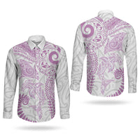 Aotearoa Maori Sea Animals Tribal Couples Matching Off The Shoulder Long Sleeve Dress and Long Sleeve Button Shirt Manta Ray and Shark Moko Pattern Pink Color LT03 - Polynesian Pride