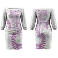 Aotearoa Maori Sea Animals Tribal Couples Matching Off The Shoulder Long Sleeve Dress and Long Sleeve Button Shirt Manta Ray and Shark Moko Pattern Pink Color LT03 - Polynesian Pride