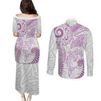 Aotearoa Maori Sea Animals Tribal Couples Matching Puletasi and Long Sleeve Button Shirt Manta Ray and Shark Moko Pattern Pink Color LT03 - Polynesian Pride