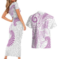 Aotearoa Maori Sea Animals Tribal Couples Matching Short Sleeve Bodycon Dress and Hawaiian Shirt Manta Ray and Shark Moko Pattern Pink Color LT03 - Polynesian Pride