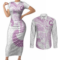 Aotearoa Maori Sea Animals Tribal Couples Matching Short Sleeve Bodycon Dress and Long Sleeve Button Shirt Manta Ray and Shark Moko Pattern Pink Color LT03 Pink - Polynesian Pride