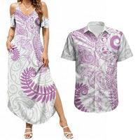 Aotearoa Maori Sea Animals Tribal Couples Matching Summer Maxi Dress and Hawaiian Shirt Manta Ray and Shark Moko Pattern Pink Color LT03 Pink - Polynesian Pride