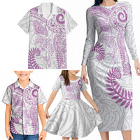 Aotearoa Maori Sea Animals Tribal Family Matching Long Sleeve Bodycon Dress and Hawaiian Shirt Manta Ray and Shark Moko Pattern Pink Color LT03 - Polynesian Pride