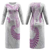 Aotearoa Maori Sea Animals Tribal Family Matching Long Sleeve Bodycon Dress and Hawaiian Shirt Manta Ray and Shark Moko Pattern Pink Color LT03 Mom's Dress Pink - Polynesian Pride