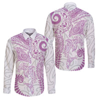 Aotearoa Maori Sea Animals Tribal Family Matching Long Sleeve Bodycon Dress and Hawaiian Shirt Manta Ray and Shark Moko Pattern Pink Color LT03 Dad's Shirt - Long Sleeve Pink - Polynesian Pride