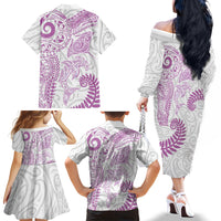 Aotearoa Maori Sea Animals Tribal Family Matching Off The Shoulder Long Sleeve Dress and Hawaiian Shirt Manta Ray and Shark Moko Pattern Pink Color LT03 - Polynesian Pride