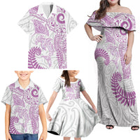 Aotearoa Maori Sea Animals Tribal Family Matching Off Shoulder Maxi Dress and Hawaiian Shirt Manta Ray and Shark Moko Pattern Pink Color LT03 - Polynesian Pride