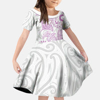 Aotearoa Maori Sea Animals Tribal Family Matching Off Shoulder Short Dress and Hawaiian Shirt Manta Ray and Shark Moko Pattern Pink Color LT03 Daughter's Dress Pink - Polynesian Pride