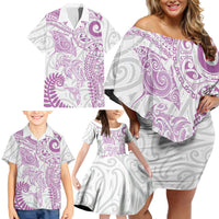 Aotearoa Maori Sea Animals Tribal Family Matching Off Shoulder Short Dress and Hawaiian Shirt Manta Ray and Shark Moko Pattern Pink Color LT03 - Polynesian Pride