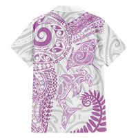 Aotearoa Maori Sea Animals Tribal Family Matching Off Shoulder Short Dress and Hawaiian Shirt Manta Ray and Shark Moko Pattern Pink Color LT03 Dad's Shirt - Long Sleeve Pink - Polynesian Pride