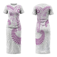 Aotearoa Maori Sea Animals Tribal Family Matching Short Sleeve Bodycon Dress and Hawaiian Shirt Manta Ray and Shark Moko Pattern Pink Color LT03 Mom's Dress Pink - Polynesian Pride