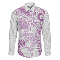 Aotearoa Maori Sea Animals Tribal Family Matching Short Sleeve Bodycon Dress and Hawaiian Shirt Manta Ray and Shark Moko Pattern Pink Color LT03 Daughter's Dress Pink - Polynesian Pride