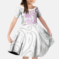 Aotearoa Maori Sea Animals Tribal Kid Short Sleeve Dress Manta Ray and Shark Moko Pattern Pink Color LT03 KID Pink - Polynesian Pride