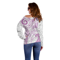 Aotearoa Maori Sea Animals Tribal Off Shoulder Sweater Manta Ray and Shark Moko Pattern Pink Color