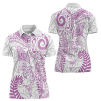 Aotearoa Maori Sea Animals Tribal Women Polo Shirt Manta Ray and Shark Moko Pattern Pink Color LT03 - Polynesian Pride