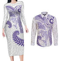 Aotearoa Maori Sea Animals Tribal Couples Matching Long Sleeve Bodycon Dress and Long Sleeve Button Shirt Manta Ray and Shark Moko Pattern Purple Color LT03 Purple - Polynesian Pride