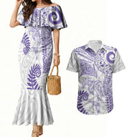 Aotearoa Maori Sea Animals Tribal Couples Matching Mermaid Dress and Hawaiian Shirt Manta Ray and Shark Moko Pattern Purple Color LT03 Purple - Polynesian Pride