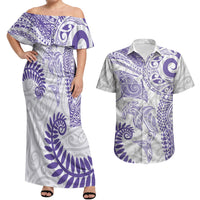 Aotearoa Maori Sea Animals Tribal Couples Matching Off Shoulder Maxi Dress and Hawaiian Shirt Manta Ray and Shark Moko Pattern Purple Color LT03 Purple - Polynesian Pride