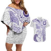 Aotearoa Maori Sea Animals Tribal Couples Matching Off Shoulder Short Dress and Hawaiian Shirt Manta Ray and Shark Moko Pattern Purple Color LT03 Purple - Polynesian Pride