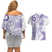 Aotearoa Maori Sea Animals Tribal Couples Matching Off Shoulder Short Dress and Hawaiian Shirt Manta Ray and Shark Moko Pattern Purple Color LT03 - Polynesian Pride