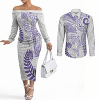 Aotearoa Maori Sea Animals Tribal Couples Matching Off The Shoulder Long Sleeve Dress and Long Sleeve Button Shirt Manta Ray and Shark Moko Pattern Purple Color LT03 Purple - Polynesian Pride