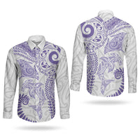Aotearoa Maori Sea Animals Tribal Couples Matching Off The Shoulder Long Sleeve Dress and Long Sleeve Button Shirt Manta Ray and Shark Moko Pattern Purple Color LT03 - Polynesian Pride